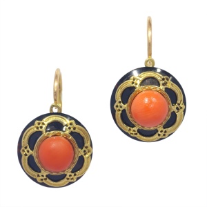 Vintage antique early Victorian gold earrings with onyx and coral